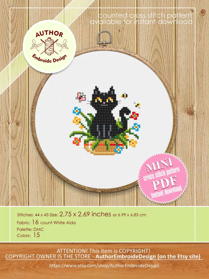 Set Black cat cross stitch pattern PDF download Cat holiday cards cross stitch chart, Small cat pattern digital PDF, Cat lover gift #T39
