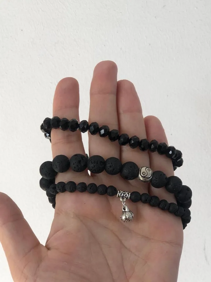Bracelet Set Women | Set Of Three Genuine Lava Stone and Crystal Handmade Bracelet | Black Bracelet Set | Gemstone Bracelet | Aroma Bracelet