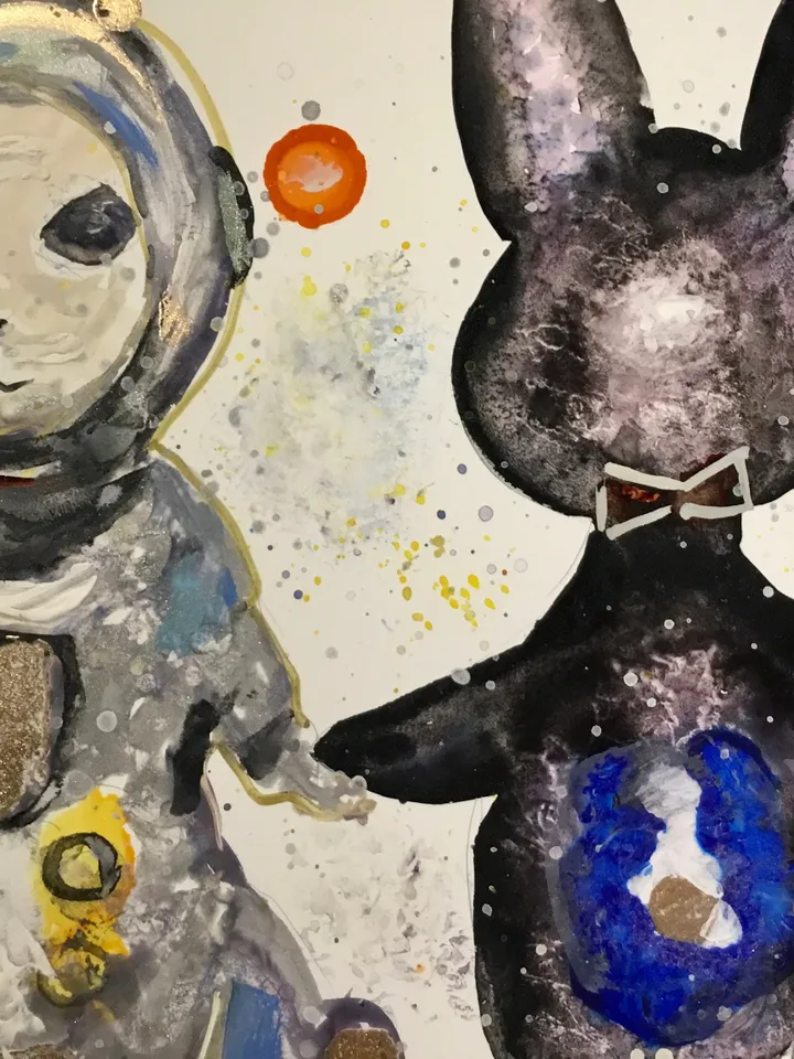 Cosmic bunnies original watercolour and alcohol inks mix media painting on yupo paper,colourful rabbits wall decoration,unique gift.