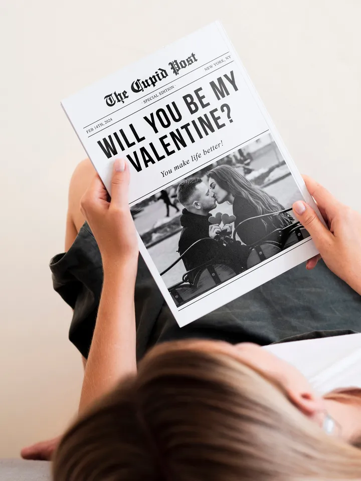 Valentines Cupid Post Newspaper, Valentises Day Newspaper Template, Will You Be My Valentine, Printable Flower Wrap, Editable Corjl Template