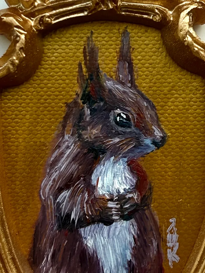 Framed Squirrel Oil Painting Original Wild Animals Art Cute North Squirrel Painting Gold Frame Victorian Painting