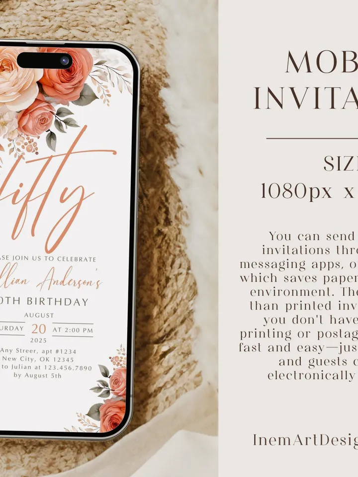 50th Birthday Invitation, Birthday Party Invitations for Women, Fifty Floral Birthday Invite for Her, Canva Editable Template, Digital File