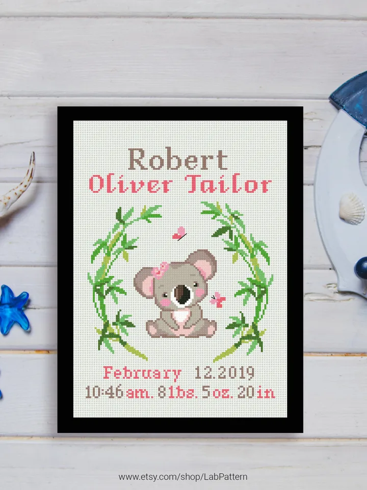 Koala Birth announcement cross stitch pattern, baby, personalized, boy girl nursery decor, counted, chart, gift DIY, embroidery, instant PDF