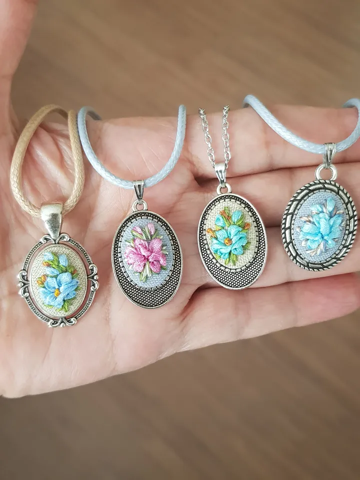 Ribbon embroidered pendant for her, handmade jewelry embroidery