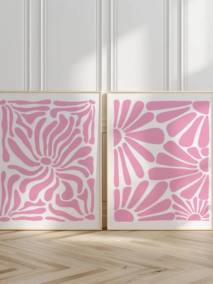 Soft Pink Wall Art Set of 2 Prints, Boho Flower Print, Pink Abstract Minimalist Organic, Pink Floral Wall Art, Wild Flower, Printable Art