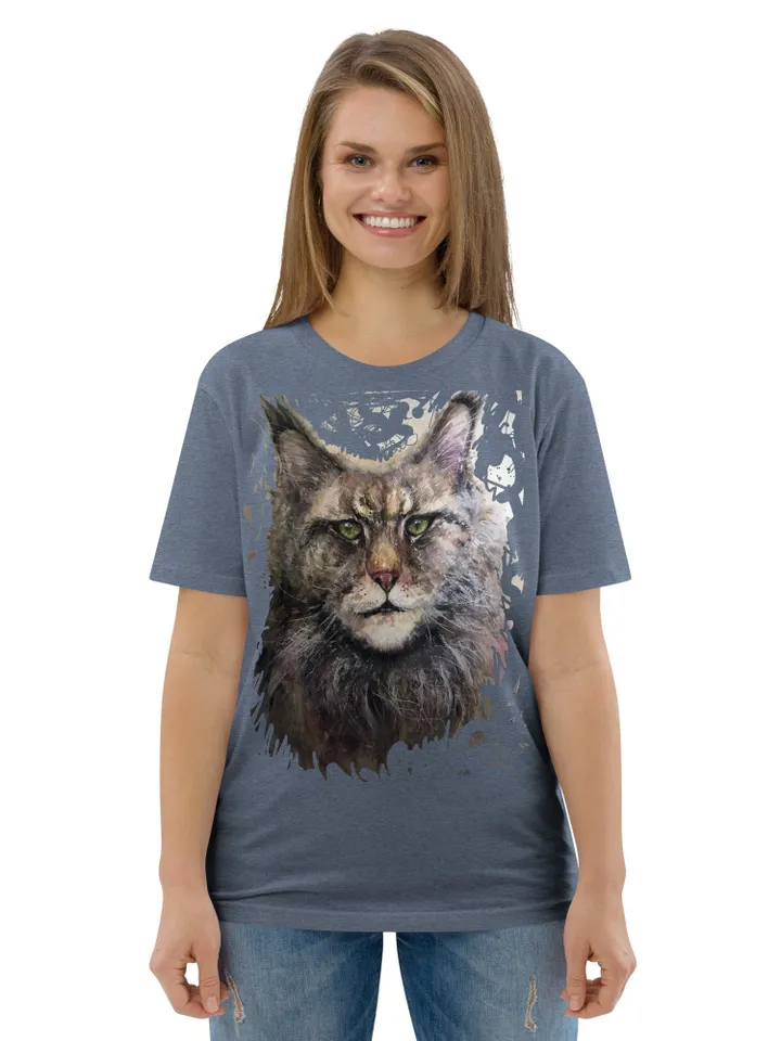 MeineCoon Unisex organic cotton t-shirt made with my original design watercolor meine coon cat painting artistic t shirts,unique design.