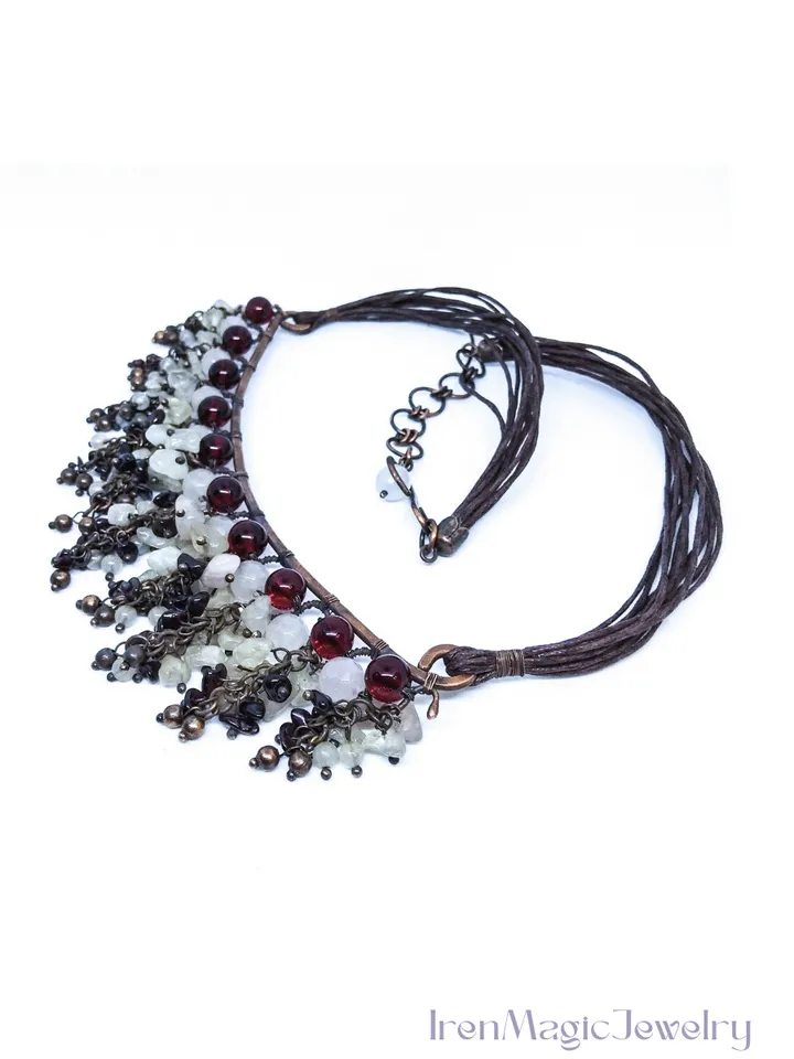 Copper Necklace with Rose Quartz, Garnet and Glass Beads