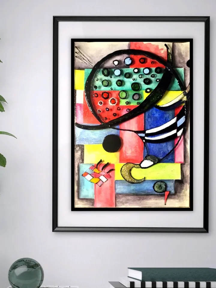 Abstract Stained glass painting,Kandinsky 1935 year ,fixed.Mix media painting, watercolour and stained glass artwork.