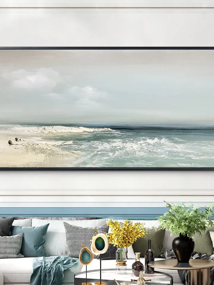 Sandy Beach Ocean Oil Painting On Canvas Blue Sky White Clouds Abstract Seascape Coastal Wall Art Acrylic Painting Large Wall Art Home Decor
