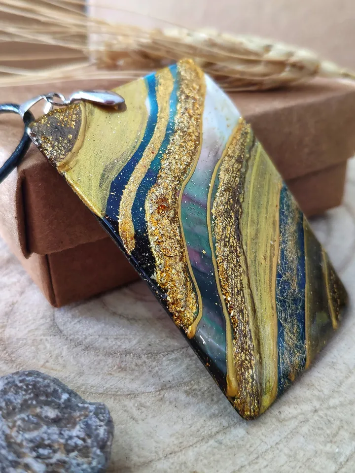 Pearl pendant necklace: Gold blue water on handmade jewelry • abstract art style • trendy necklace for woman • astonishing gift for her