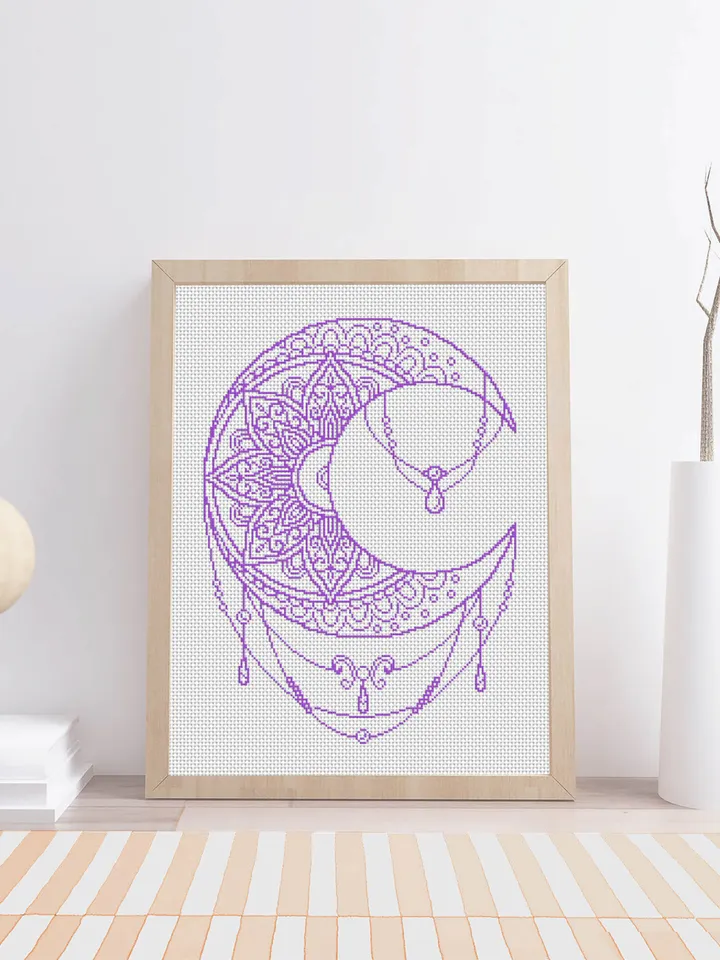 Moon mandala cross stitch pattern PDF download Crescent moon cross stitch chart, Simple mandala pattern digital PDF, Moon ornament #M162