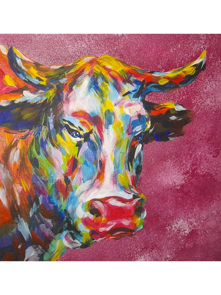 Strawberry Cow Painting Animal Original Art Farm Artwork Acrylic Painting 8.5 by 8.5 Above Sofa Art by TatianaArtShop