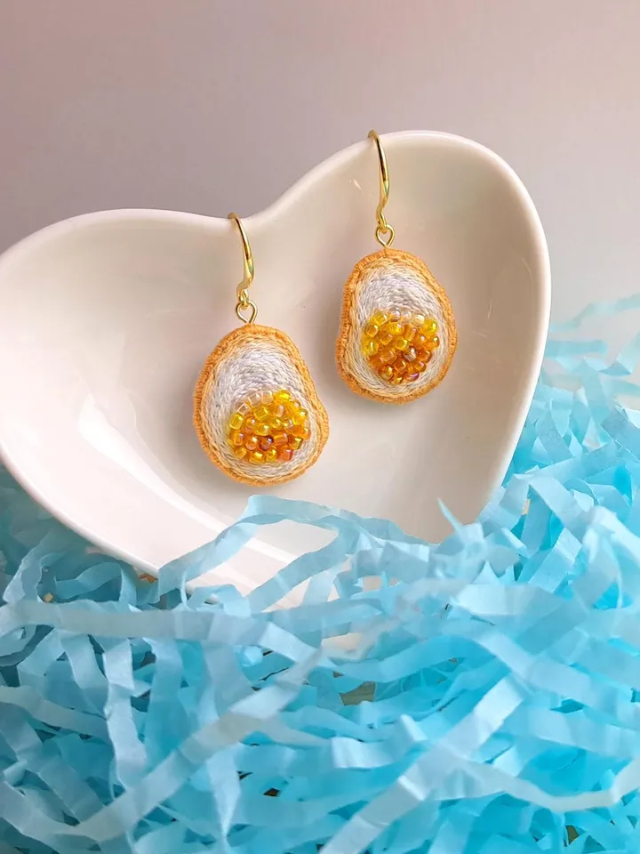 Sunny-Side Up Egg Earrings Hand-Embroidered Foodie Jewelry Quirky Artisan Accessories Boho Food Art Cooking Enthusiast Gift Brunch Outfit