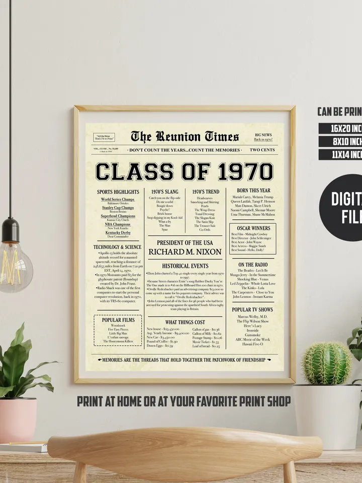Class of 1970 NEWSPAPER Poster - 1970 Class Reunion - High School Reunion Sign - 1970 Facts for Class Reunion - INSTANT DOWNLOAD