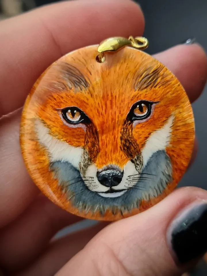 Fox necklace Miniature painting. Mother pearl pendant. Christmas Gift wrapping