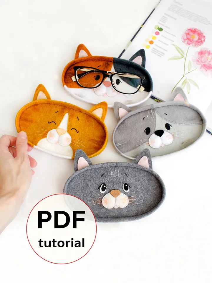 Felt cats eyeglasses holders hand sewing PDF tutorial with patterns. DIY spectacles holder. Handmade pets and book lover gift. Glasses wearer present