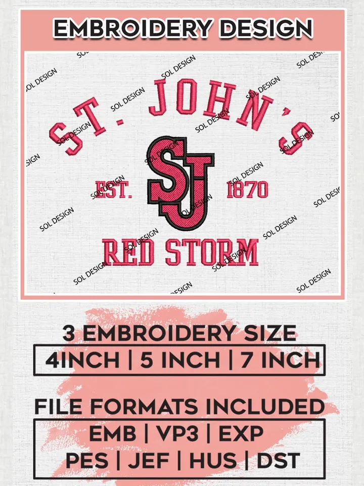 St. Johns Red Storm Est 1870 Logo Embroidery Designs, NCAA St. Johns Red Storm Team Embroidery, NCAA Team Logo, 3 sizes, Machine embroidery Files, Digital Download
