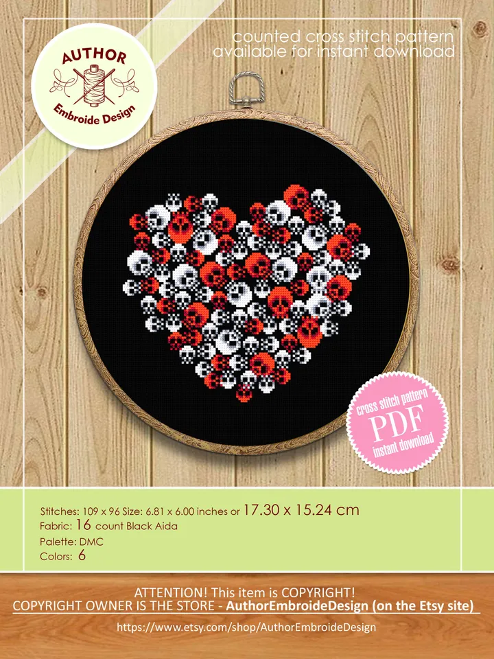 Gothic heart cross stitch pattern download PDF Gothic halloween cross stitch chart, Skull embroidery PDF, Spooky valentine, Horror gift #H31