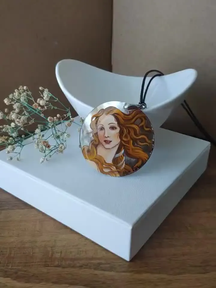 Pearl pendant necklace: Greek goddess on handmade jewelry • The Birth of Venus painted on aesthetic necklace • Elegant art on dainty pendant