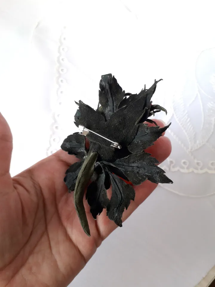 Red rose leather brooch 3rd anniversary gift for wife, Leather women's jewelry
