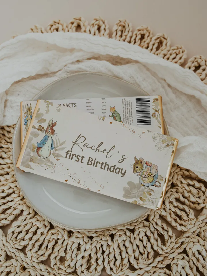 Editable Chocolate Wrap Label Peter Rabbit First Birthday party chocolate wrapper label; Peter Rabbit Party Birthday ; pr1