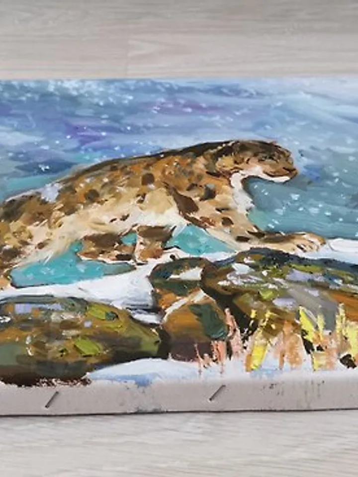 Snow leopard Painting Original Art Canvas Painting Animal Art 手工油畫