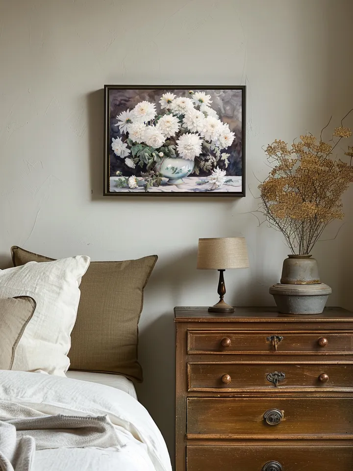 Bouquet of white chrysanthemum in a vase watercolor drawing, digital illustration, digital painting , wall art decoration. AI