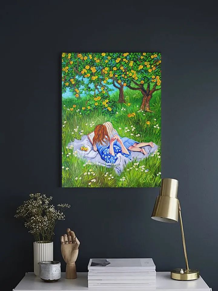 Girls Painting Apple Tree Original Art Sisters Artwork Woman Wall Art Oil Canvas