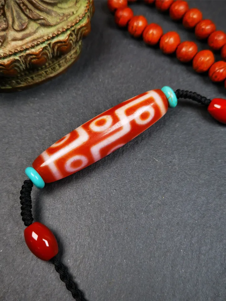 Gandhanra Unique Tibetan Fire Agate 9 Eyes Dzi Bead Necklace,1.96&quot; x 0.51&quot;