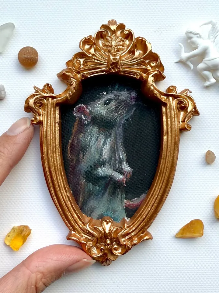 Rat Oil Painting Original In Vintage Style Frame Small Framed Dark Academia Painting Art Rat Portrait Mice Art