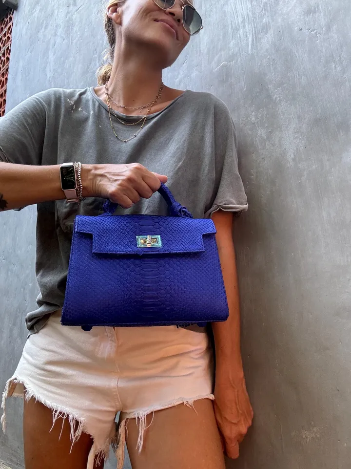 Top handle bright blue classy genuine python skin bag | exotic leather bags | Elegant women purse | snake skin bag | designer leather bag