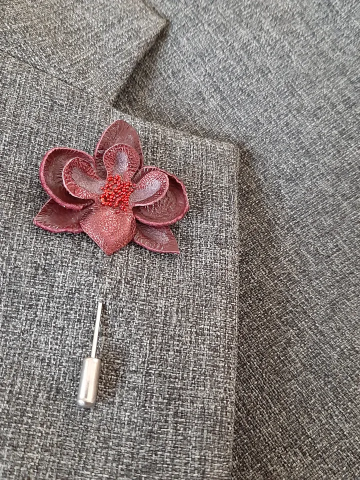 Bordo orchid men's lapel pin Leather boutonniere for him 3rd anniversary gift, art 17