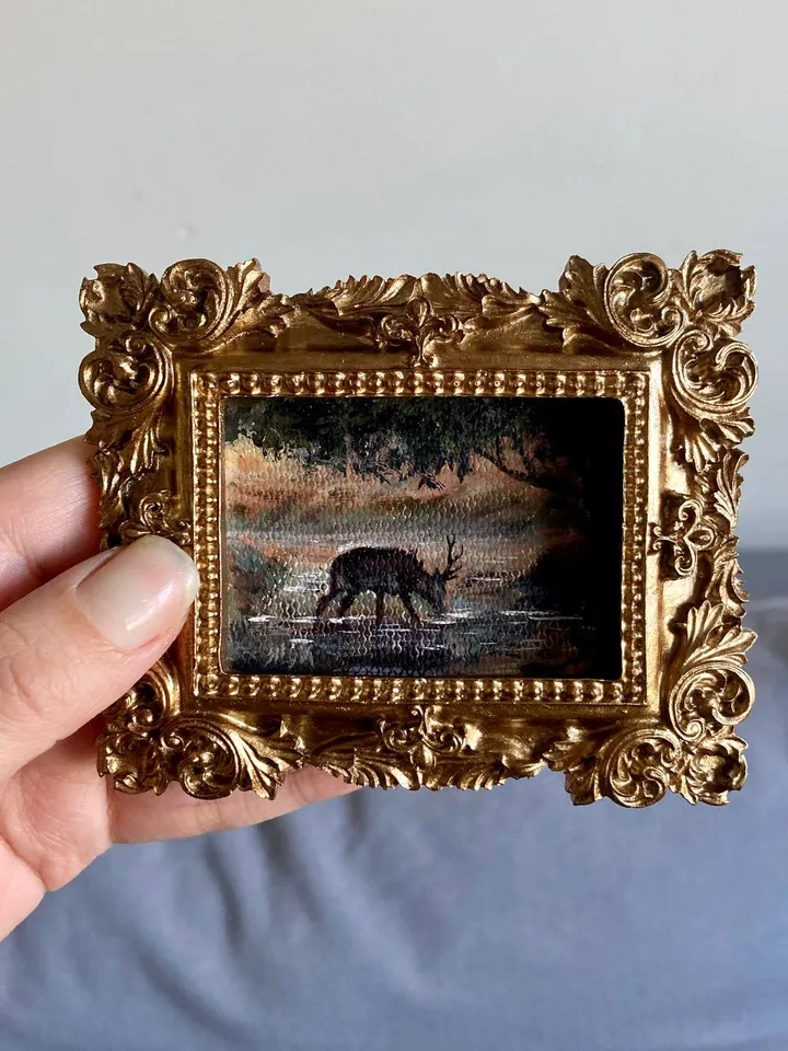 Forest Deer Landscape Oil Painting Original In Vintage Style Frame Small Framed Oval Painting Art