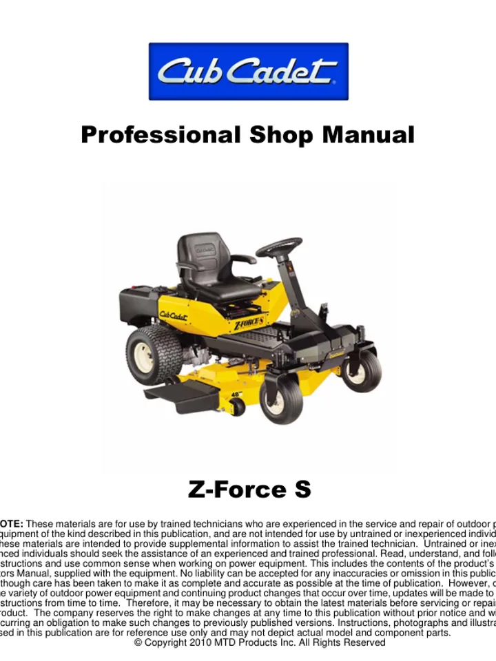 CUB CADET LAWNMOWER ZERO TURN Z FORCE S48 SERVICE REPAIR SHOP MANUAL