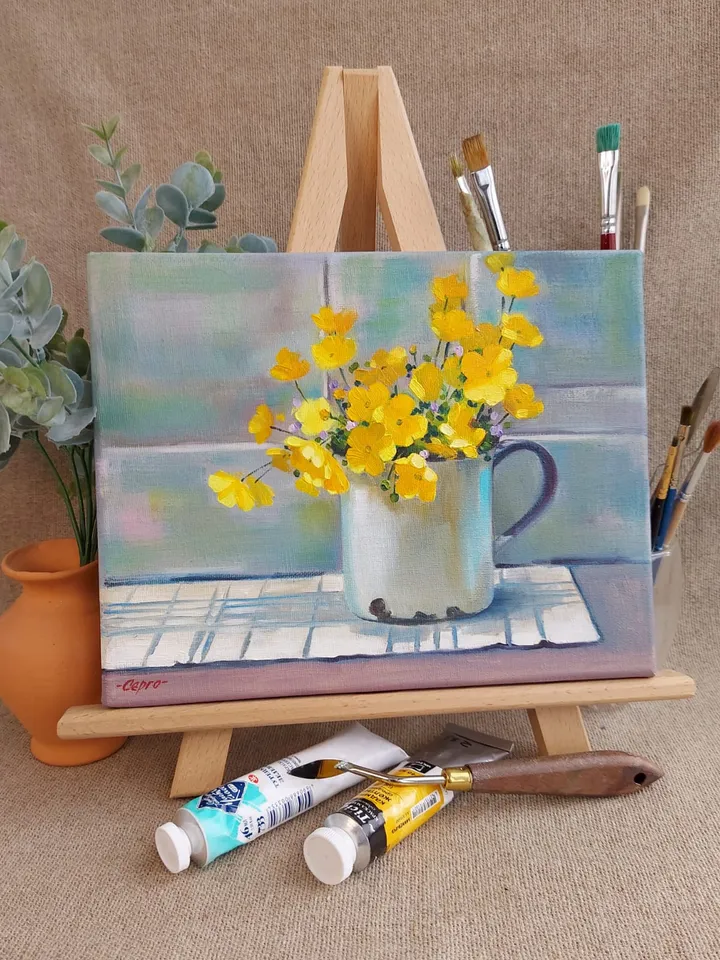 Flowers. Buttercups. Original Wall Art. Still life. 10x8 inches.