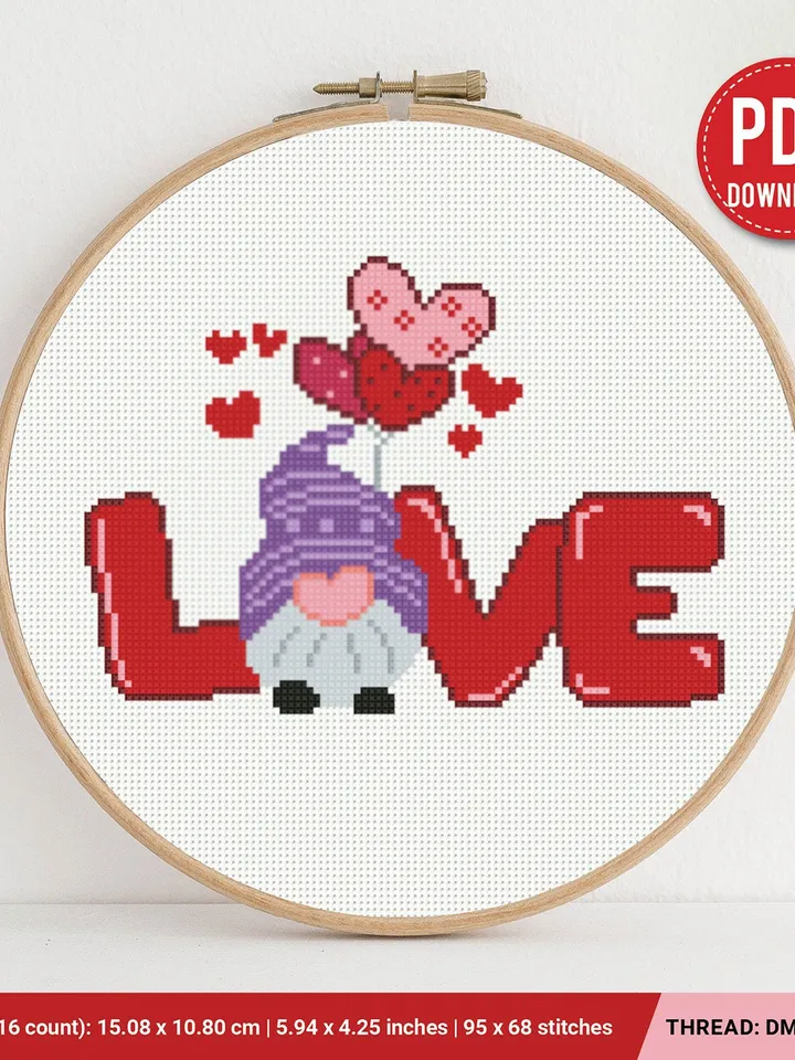 Love gnome Heart cross stitch pattern, Valentine’s Day, home decor, counted, chart, gift DIY, embroidery, instant PDF