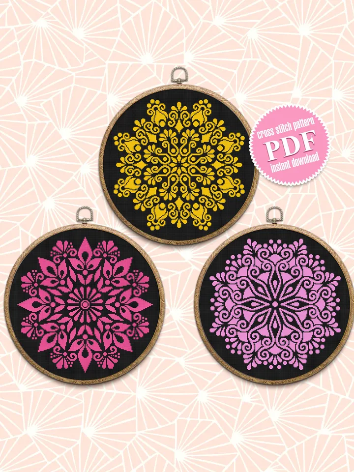 Mandala set cross stitch pattern PDF Monochrome mandala pattern digital download PDF, Flower mandala cross stitch chart, DIY Home decor #S42