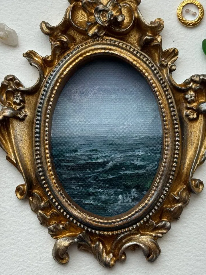 Small Landscape Painting Framed Original Storm Waves Antique Ocean Art Coastal Antique Frame Tiny Paintings 3 x 4 Art Victorian artwork
