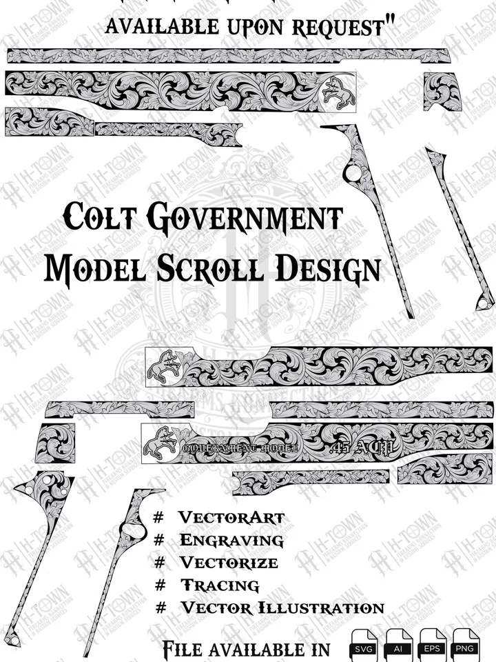 Colt 1911 Government Scroll Engraving Design | Full Frame Svg Vector Template | Firearm Ornament Engraving | AI EPS PNG Download