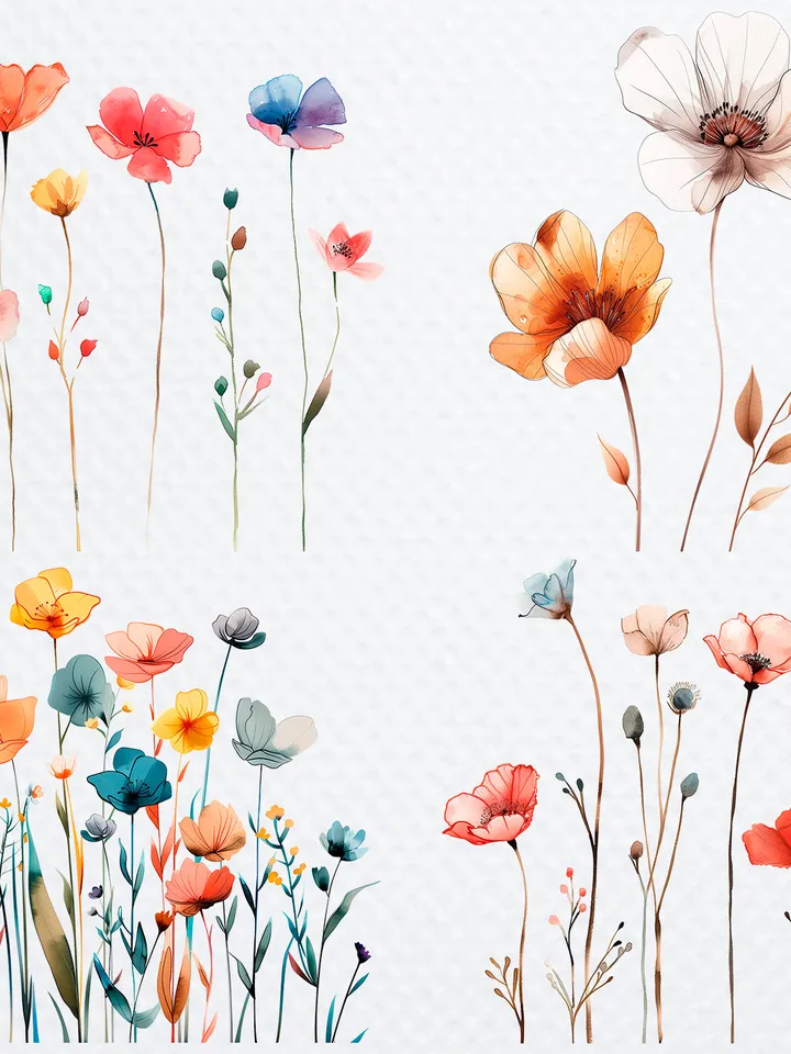 28 Minimalistic Flowers PNG Clipart, Watercolor Flowers sublimation print, Printable Wildflowers clipart, Paper craft, junk journals