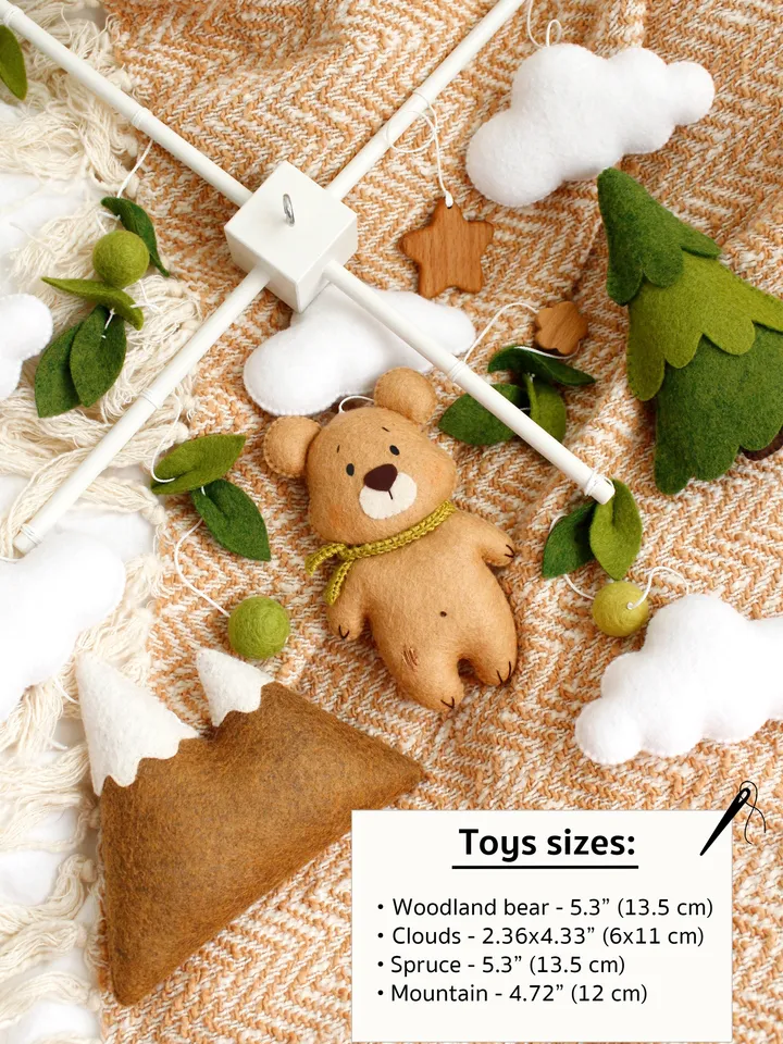 Felt woodland bear with clouds, spruce tree and mountain baby crib mobile hand sewing PDF tutorial with patterns. DIY forest nursery baby cot decoration