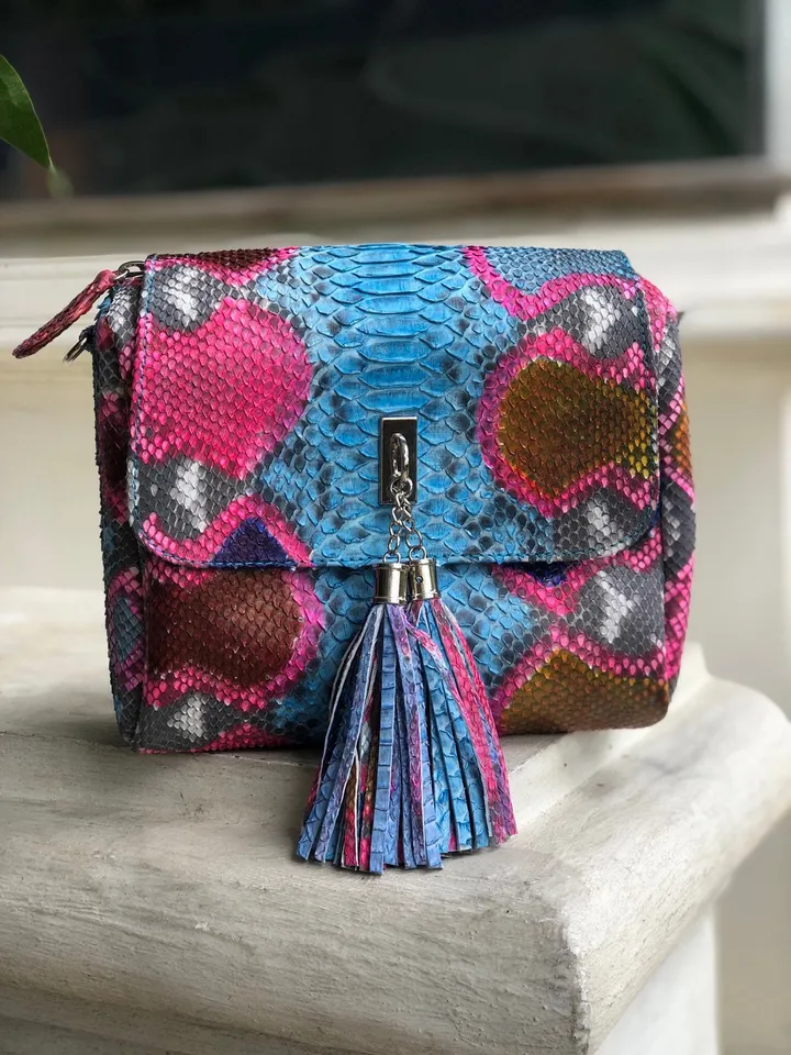 Genuine python skin crossbody multicolor turquise tassel women bag | summer colorful leather bag | python purse | gift for her | blue clutch