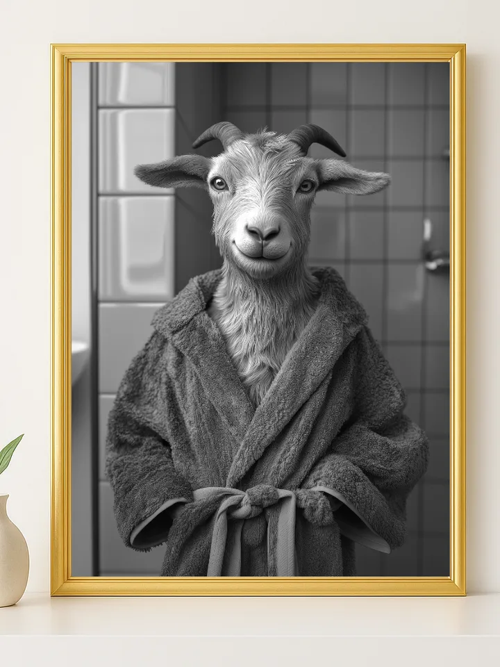 Cute Goat Bathroom Wall Art, Baby Farm Animal in Robe Print, Funny Spa Decor, Farmhouse Nursery Digital Download