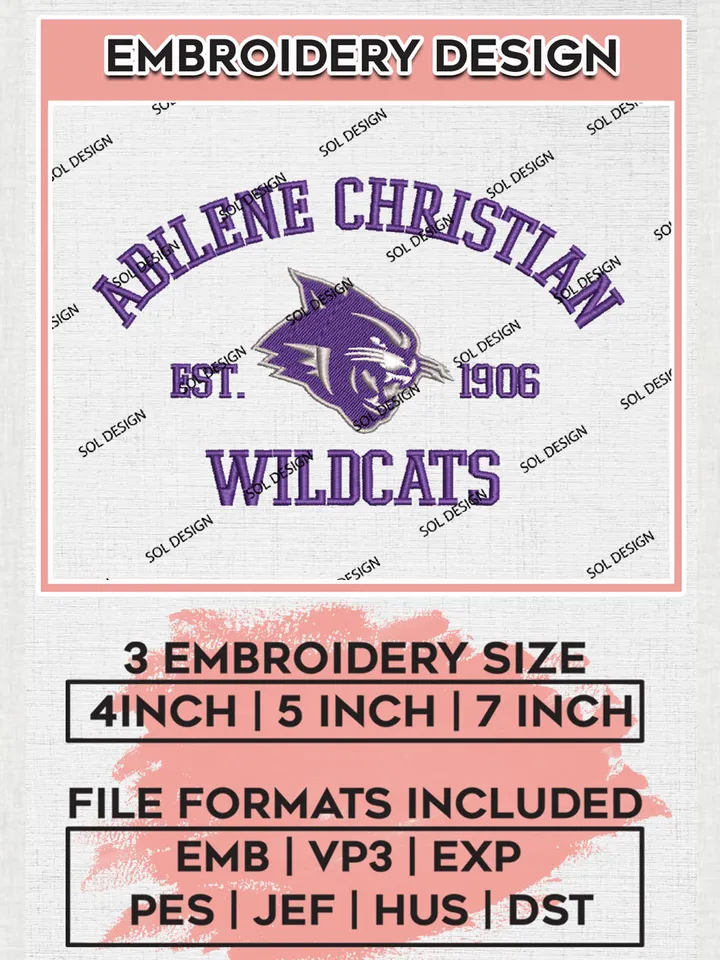 Abilene Christian Wildcats Est 1906 Embroidery Designs, NCAA Abilene Christian Wildcats Team Embroidery, NCAA Team Logo, 3 sizes, Machine embroidery Files, Digital Download