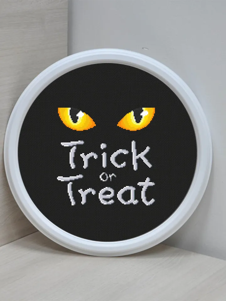Trick or treat cross stitch pattern PDF download Black cat cross stitch chart, Halloween pattern digital PDF, Cat eyes, Halloween quote #H11