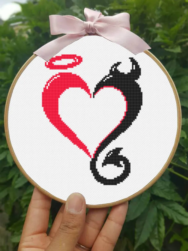 Heart cross stitch pattern download PDF Funny Valentine stitch, Heart ornament cross stitch chart, Angel and demon pattern PDF #T12