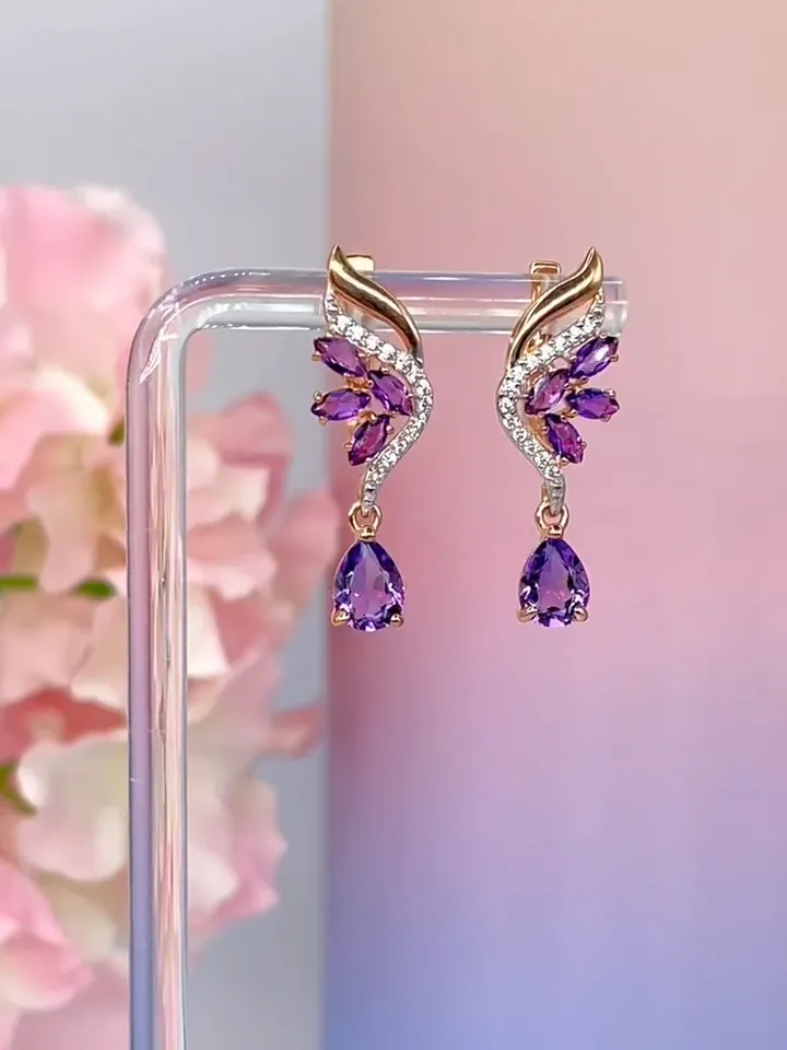 Earrings with natural amethyst and cubic zirconia made of 925 silver