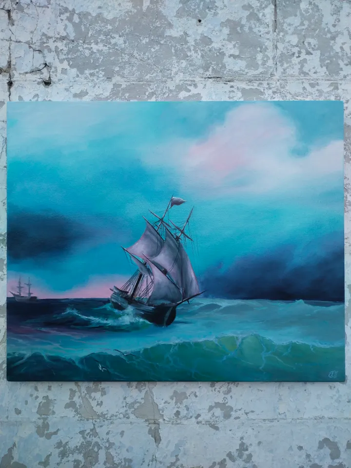 Commission Seascape oil painting Ship on the turquoise wave Wall art on