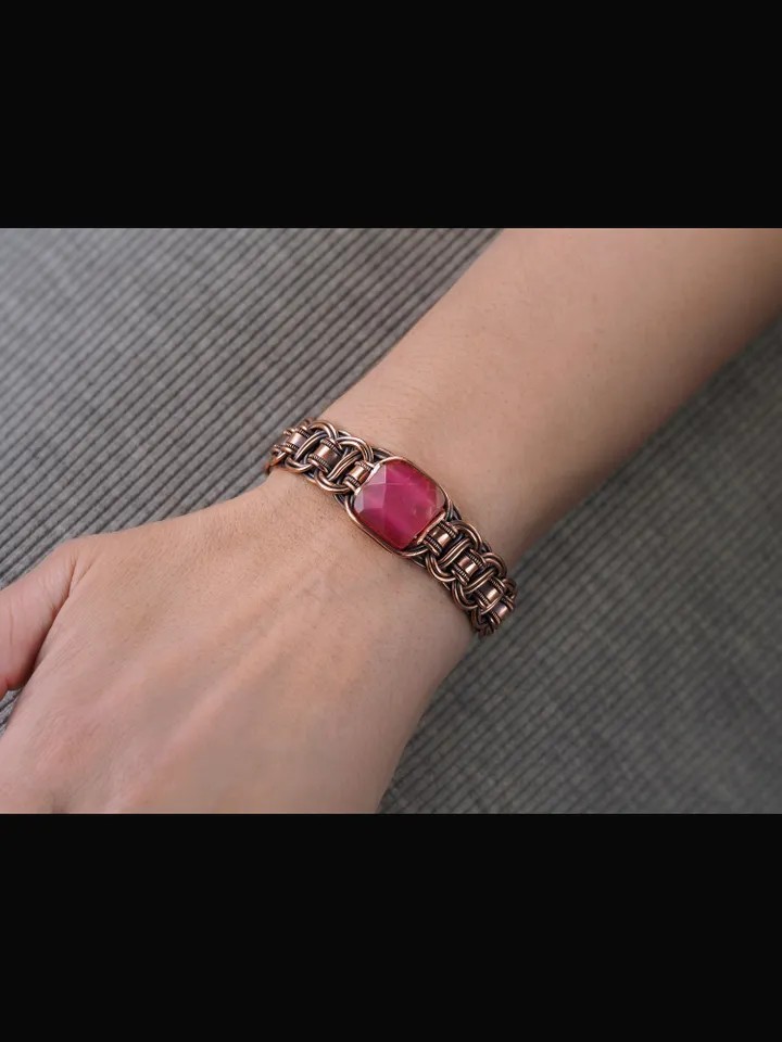 Copper wire wrapped agate bracelet Unique woven copper wire bangle Small size