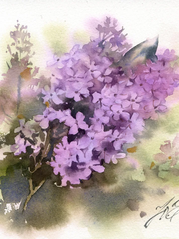 Lilac painting, Original watercolor art